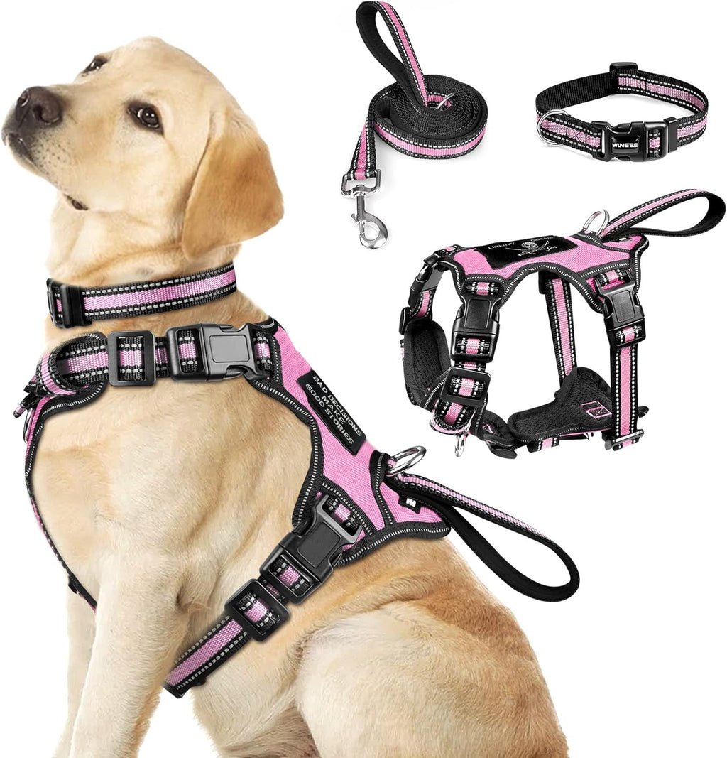 WINSEE Pet Harness Collar and Leash Set, All-in-one Reflective Dog Harness No Pull with Adjustable Buckles for Puppies, Small, Medium, Large, and Extra-Large Dogs (Large, Pink) - Image 1