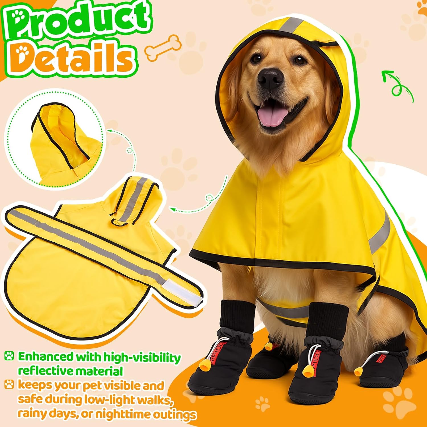 Four pieces of black anti-slip waterproof dog boots with elastic buckles.