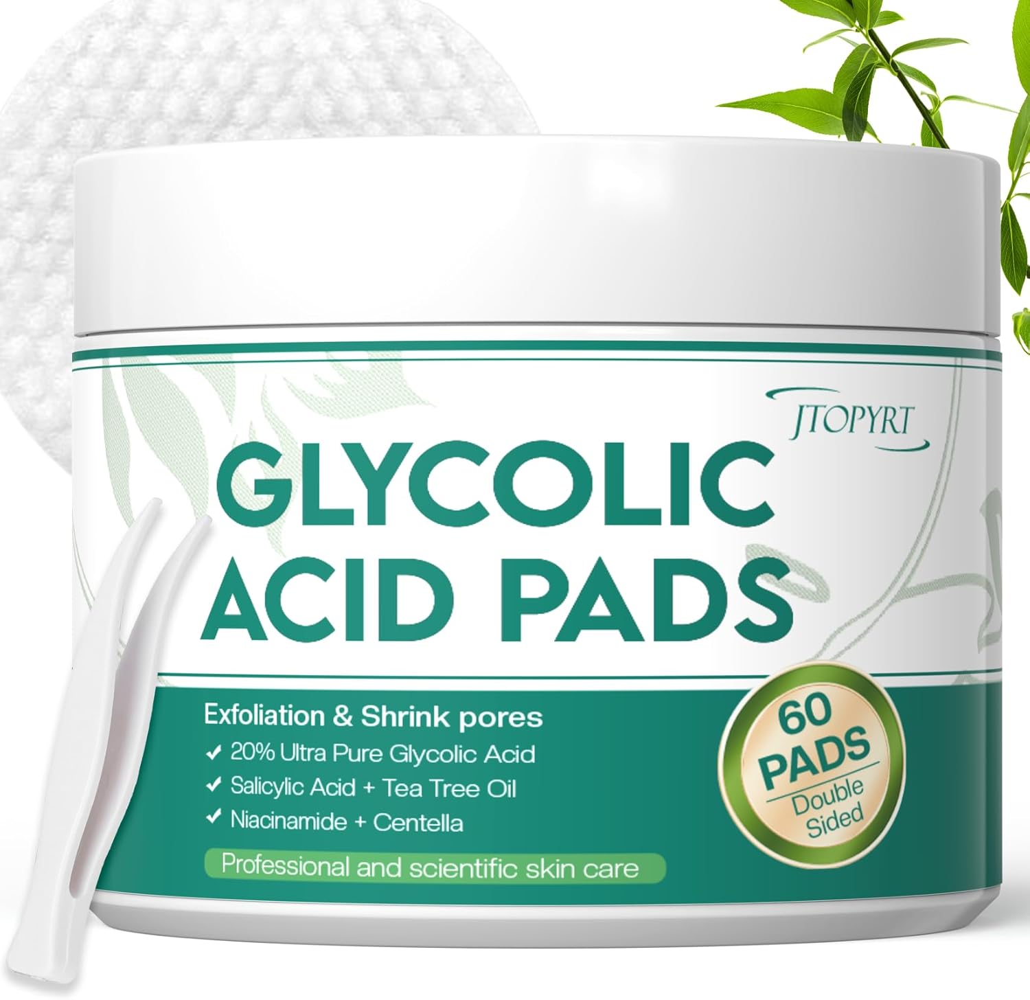 Jtopyrt Glycolic Acid Pads 20 percent tub front view showing authentic exfoliating peel packaging.