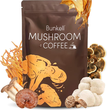Bunkell Mushroom Coffee Instant Powder front view packaging showing adaptogenic ingredients.