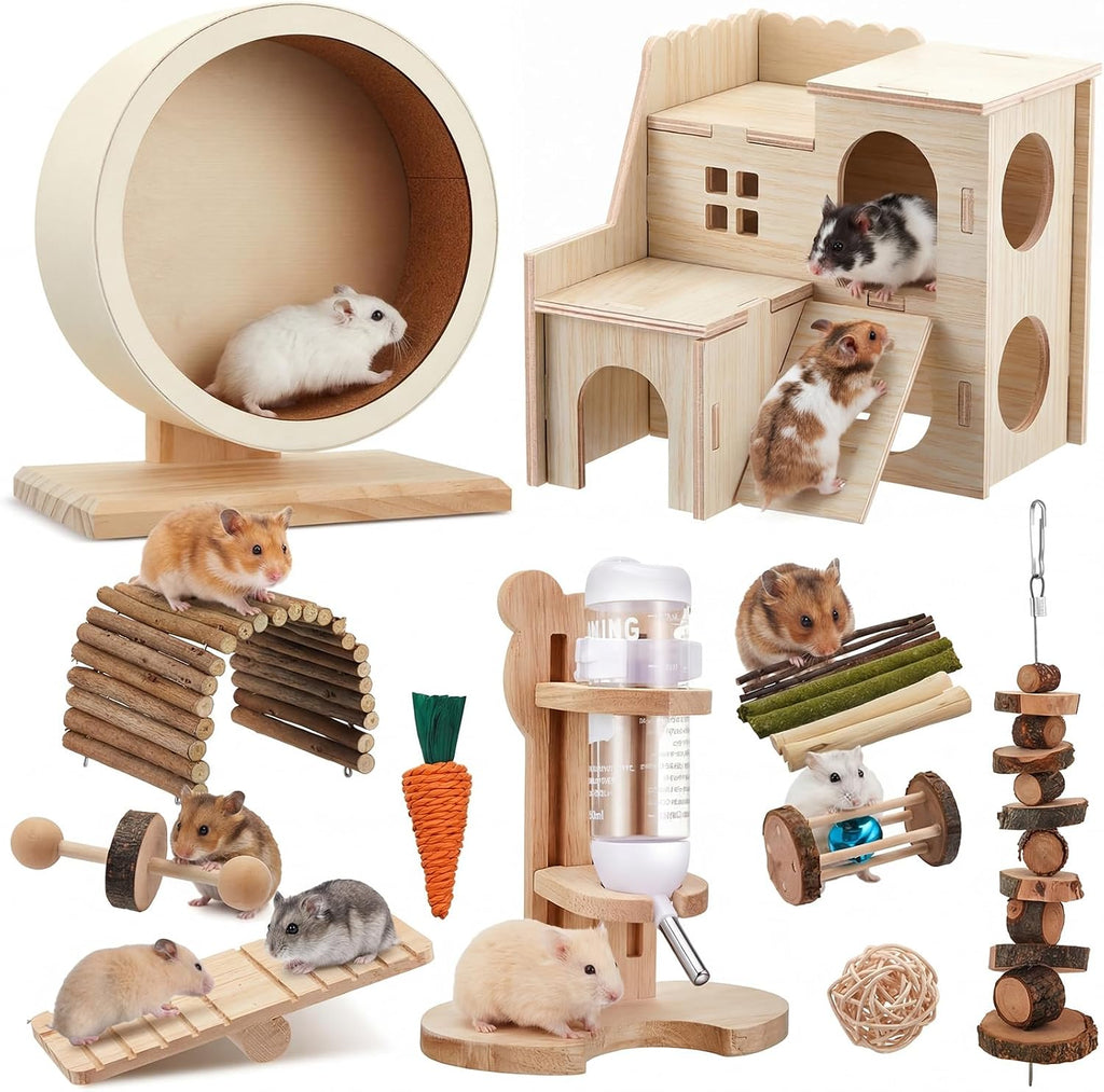 18 Pcs Hamster Cage Accessories, Silent Hamster Wheel, 15 Chew Toys Set, Maze Wood House and Water Bottle Set for Rat Mice Small Animals Habitat (Fun Interactive Style) - Image 10