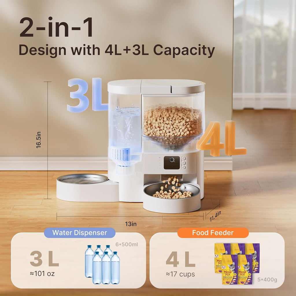 Side profile of premium white automatic cat feeder and waterer set