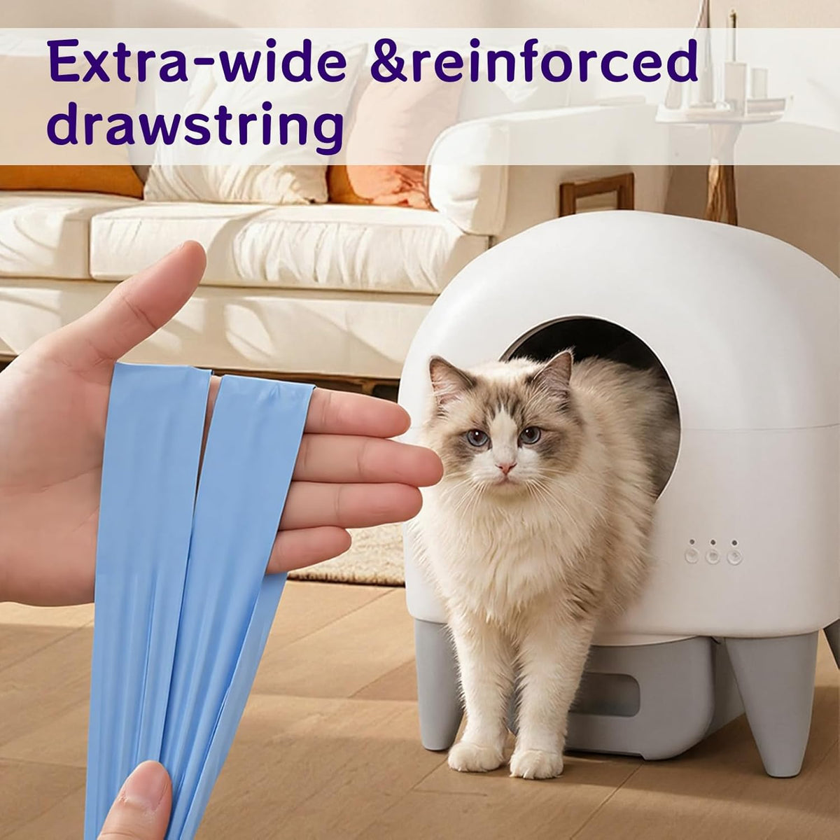 Heavy duty cat litter bag being pulled closed with drawstring