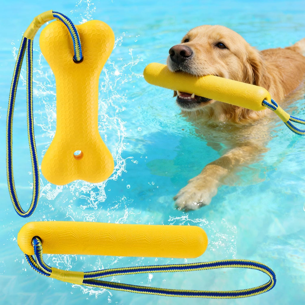 MEWTOGO 2 Pack Interactive Dog Pool Toys front view showing red chew stick and bone toy with ropes.