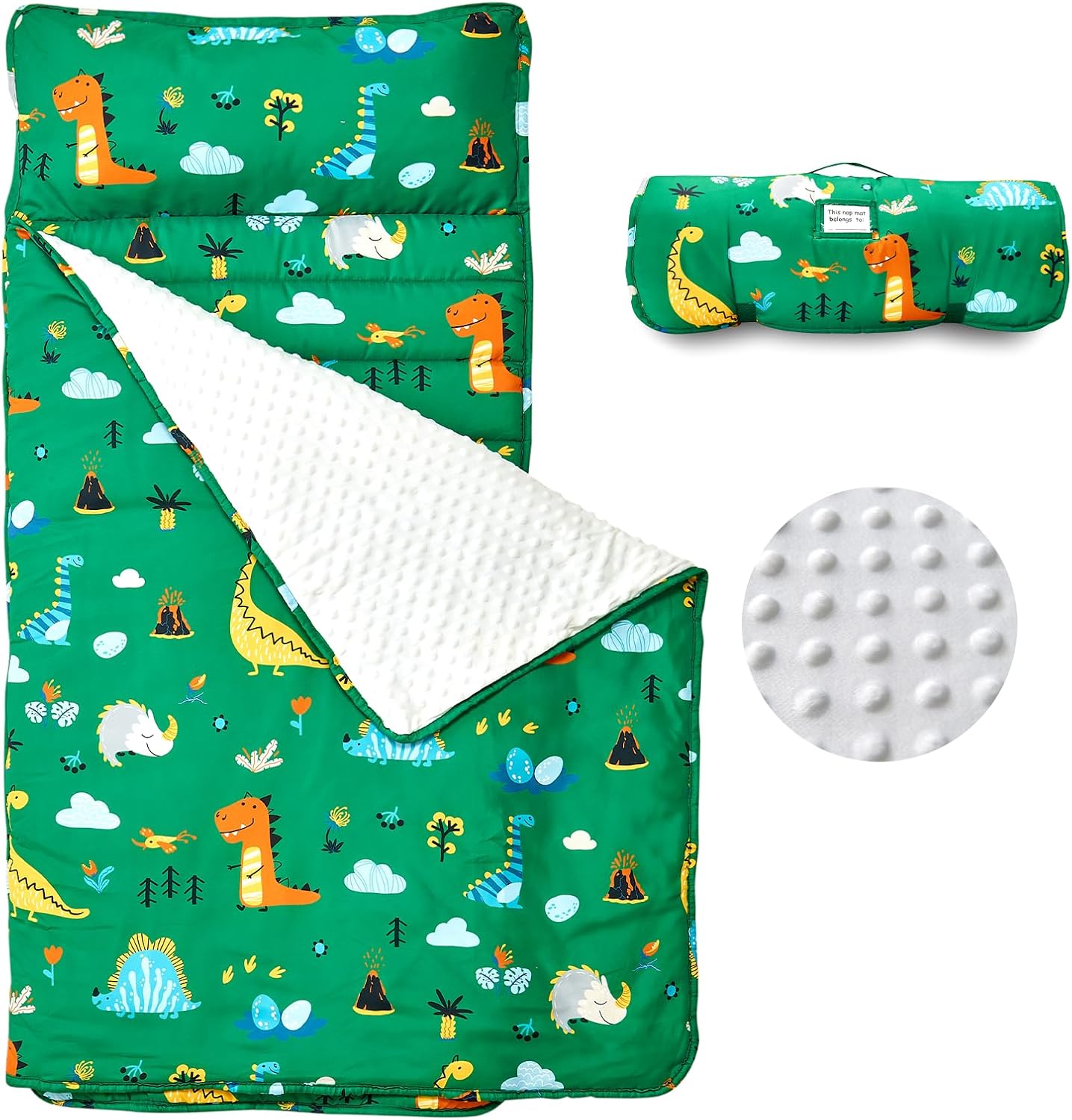 Beeweed toddler nap mat front view showing green dinosaur pattern and white minky fabric