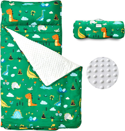 Beeweed toddler nap mat front view showing green dinosaur pattern and white minky fabric