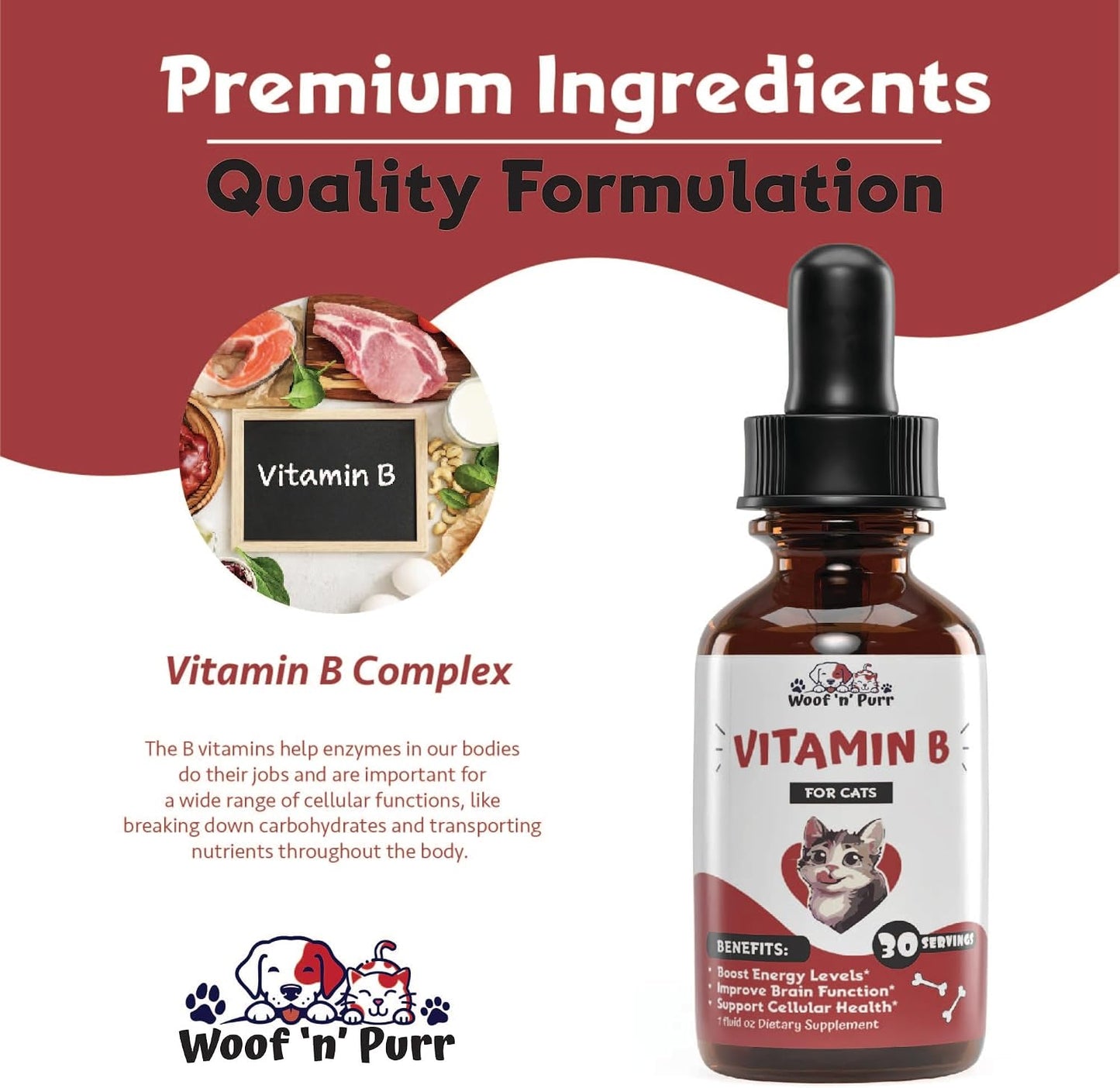 USA imported Vitamin B liquid drops for cats on white background