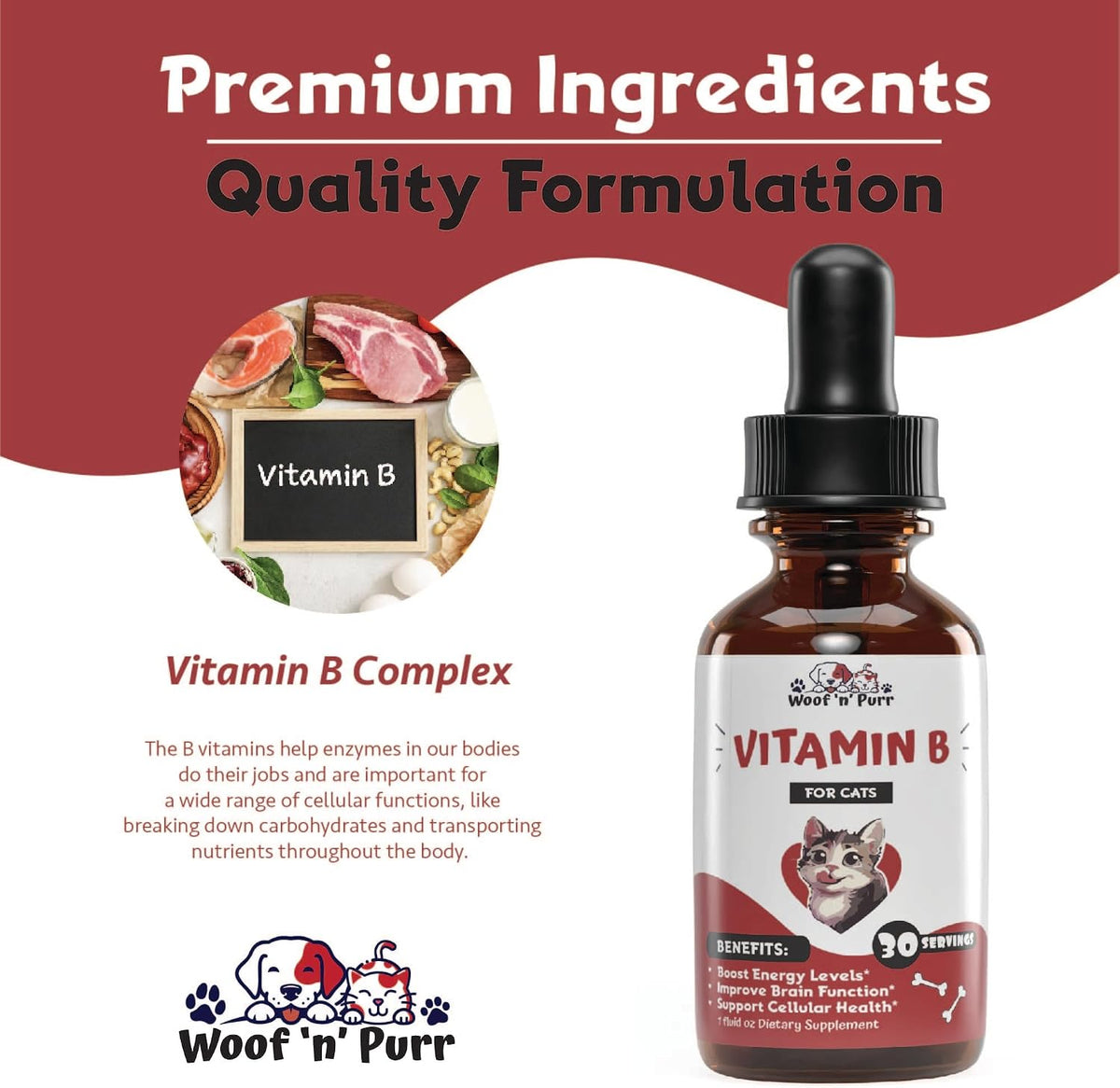 USA imported Vitamin B liquid drops for cats on white background
