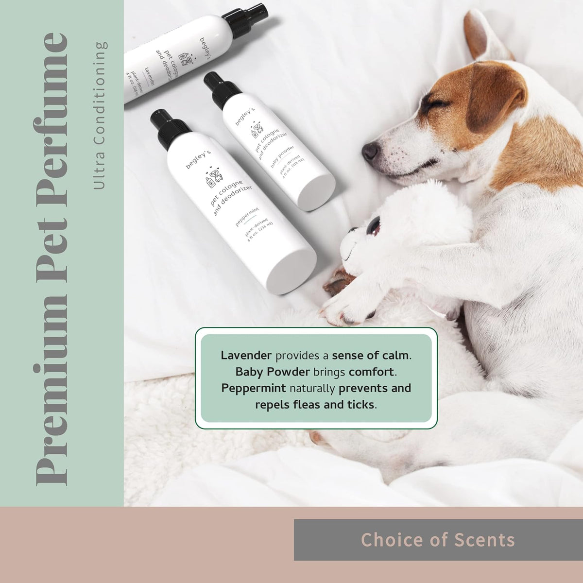 Begleys pet fragrance spray being applied to a clean coat