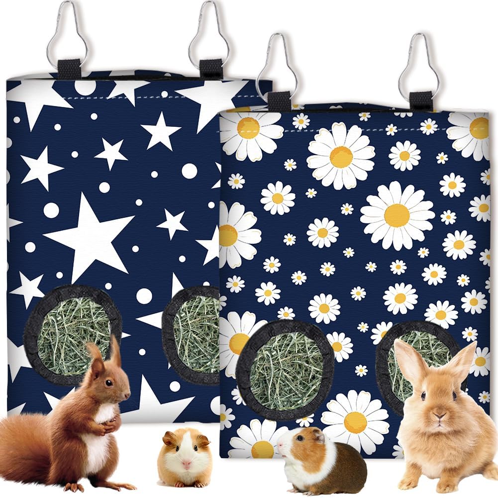 2Pcs 2 Styles Small Pet Hanging Hay Bag Pink Hay Feeder Bag with 2 Holes Bowknot Pattern Cloth Washable Rectangle Feeding Storage for Rabbit Chinchillas Hamsters Guinea Pigs 12 x 9 Inch - Image 11