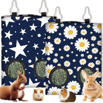 2Pcs 2 Styles Small Pet Hanging Hay Bag Pink Hay Feeder Bag with 2 Holes Bowknot Pattern Cloth Washable Rectangle Feeding Storage for Rabbit Chinchillas Hamsters Guinea Pigs 12 x 9 Inch - Image 11