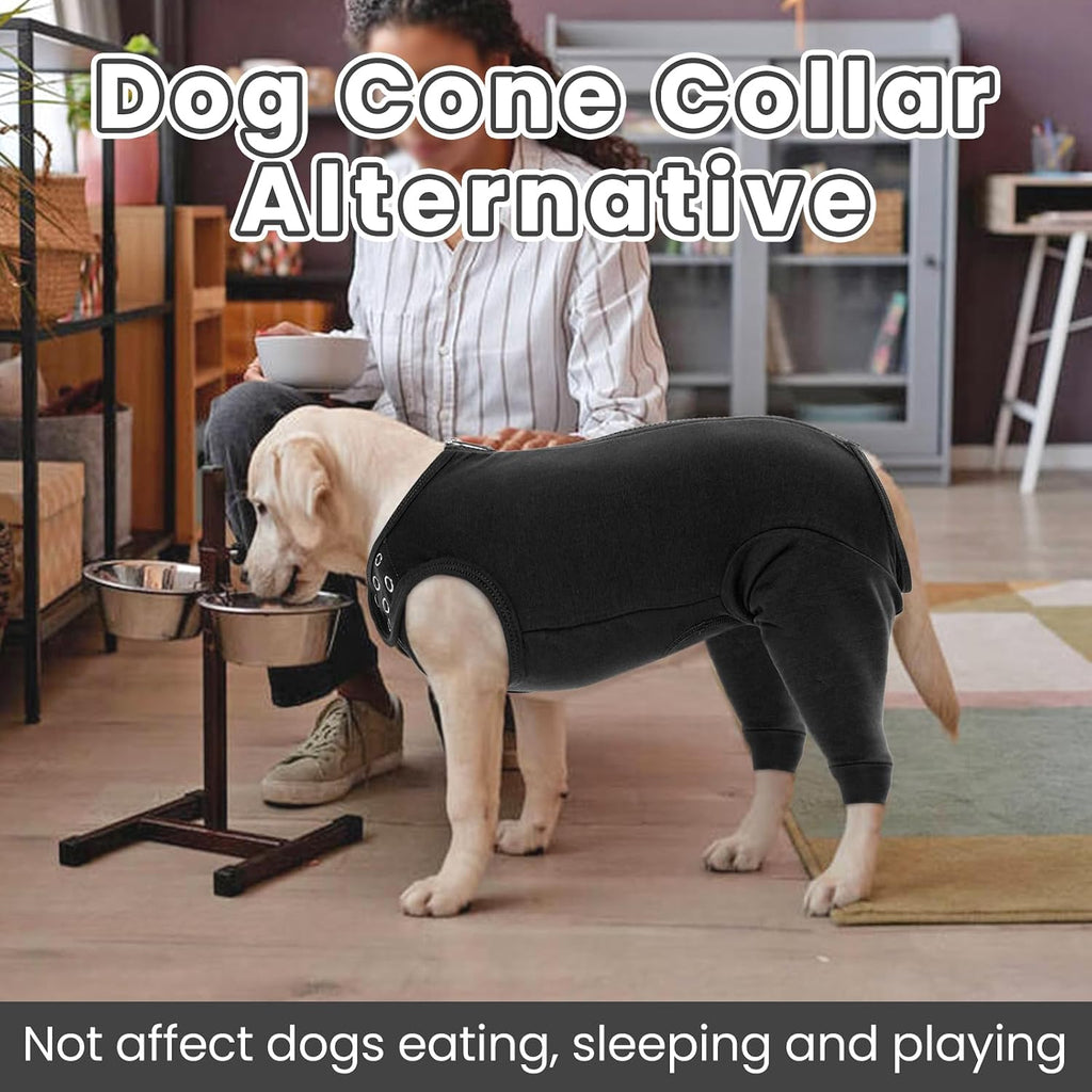 Dog wearing Nanaki recovery onesie to prevent licking rear leg wound