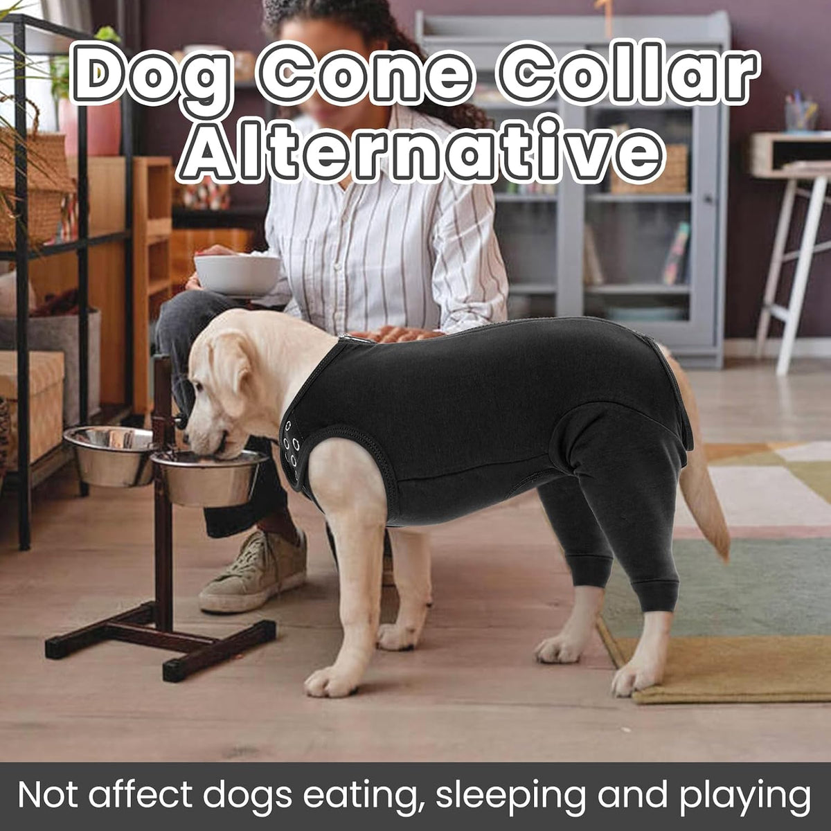 Dog wearing Nanaki recovery onesie to prevent licking rear leg wound