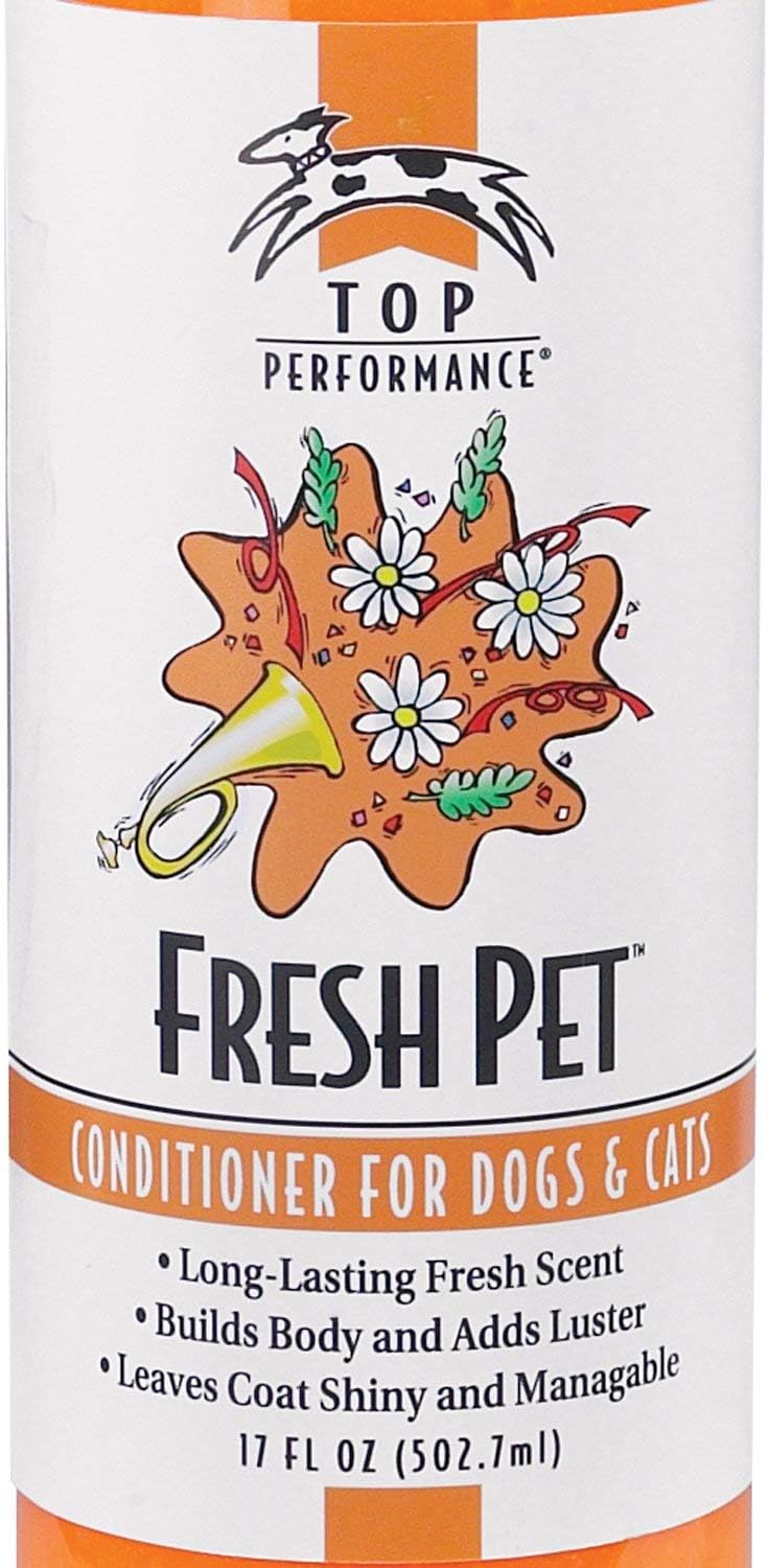 Top Performance Fresh Pet grooming conditioner showing product size and directions for coat sheen