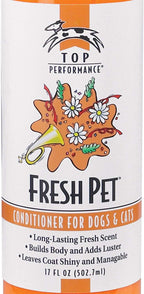 Top Performance Fresh Pet grooming conditioner showing product size and directions for coat sheen