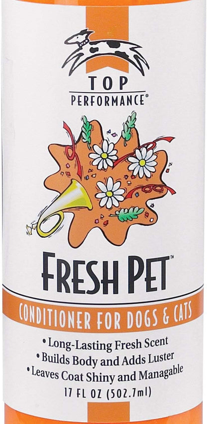 Top Performance Fresh Pet grooming conditioner showing product size and directions for coat sheen