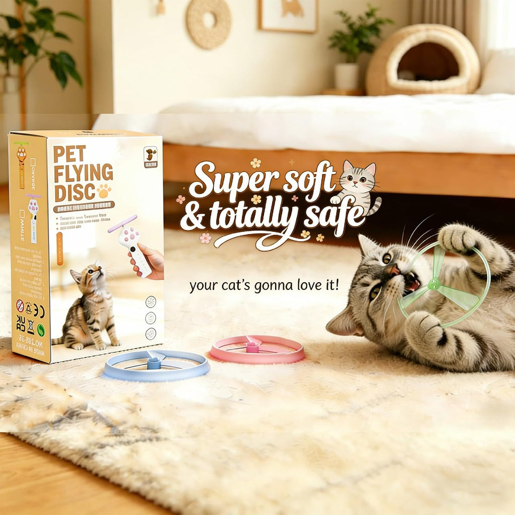 Electric interactive cat toy disc launcher with soft flexible spinners for indoor cats