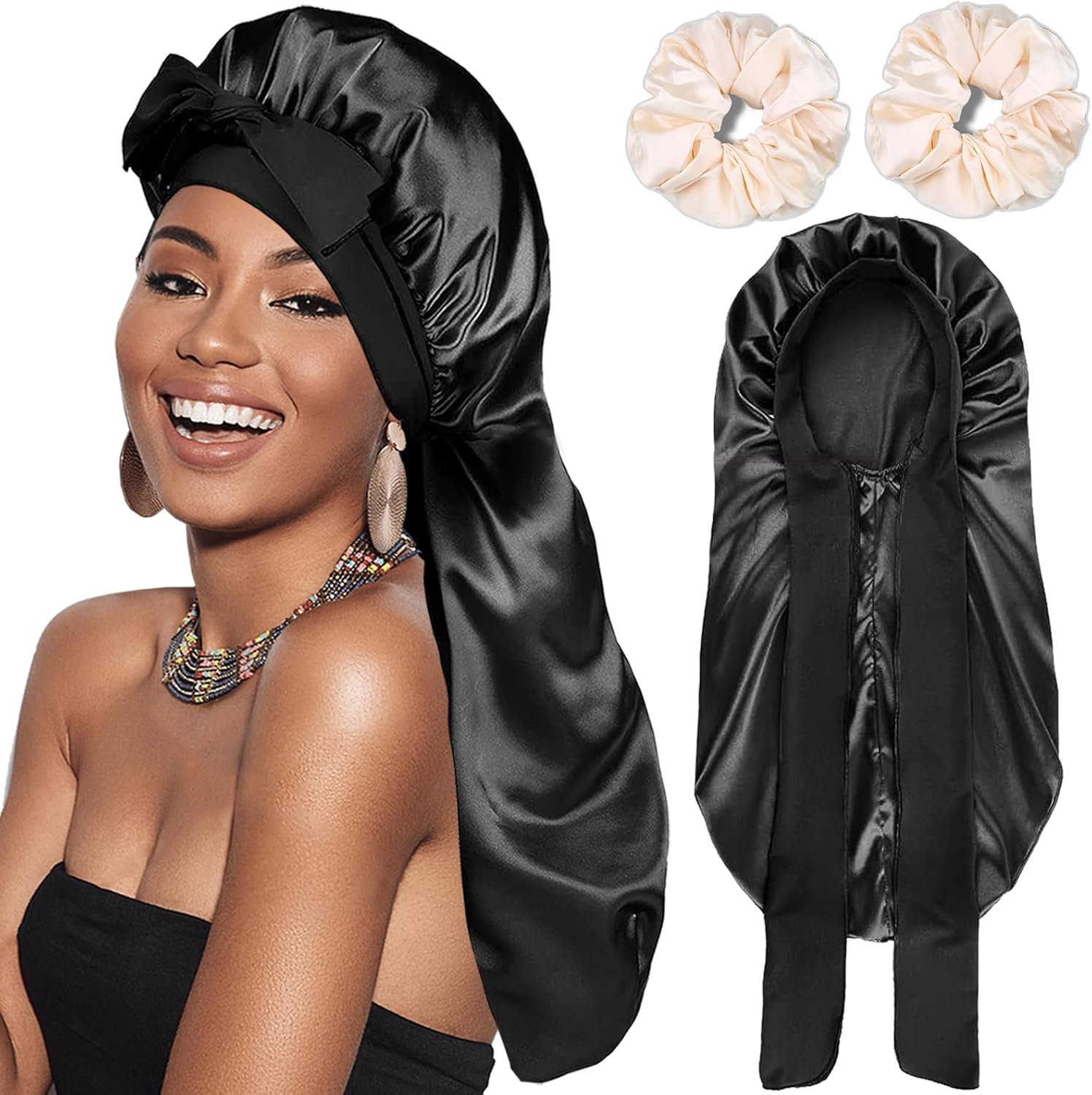 FIRSTPELLA silk satin long braided hair bonnet front view on model