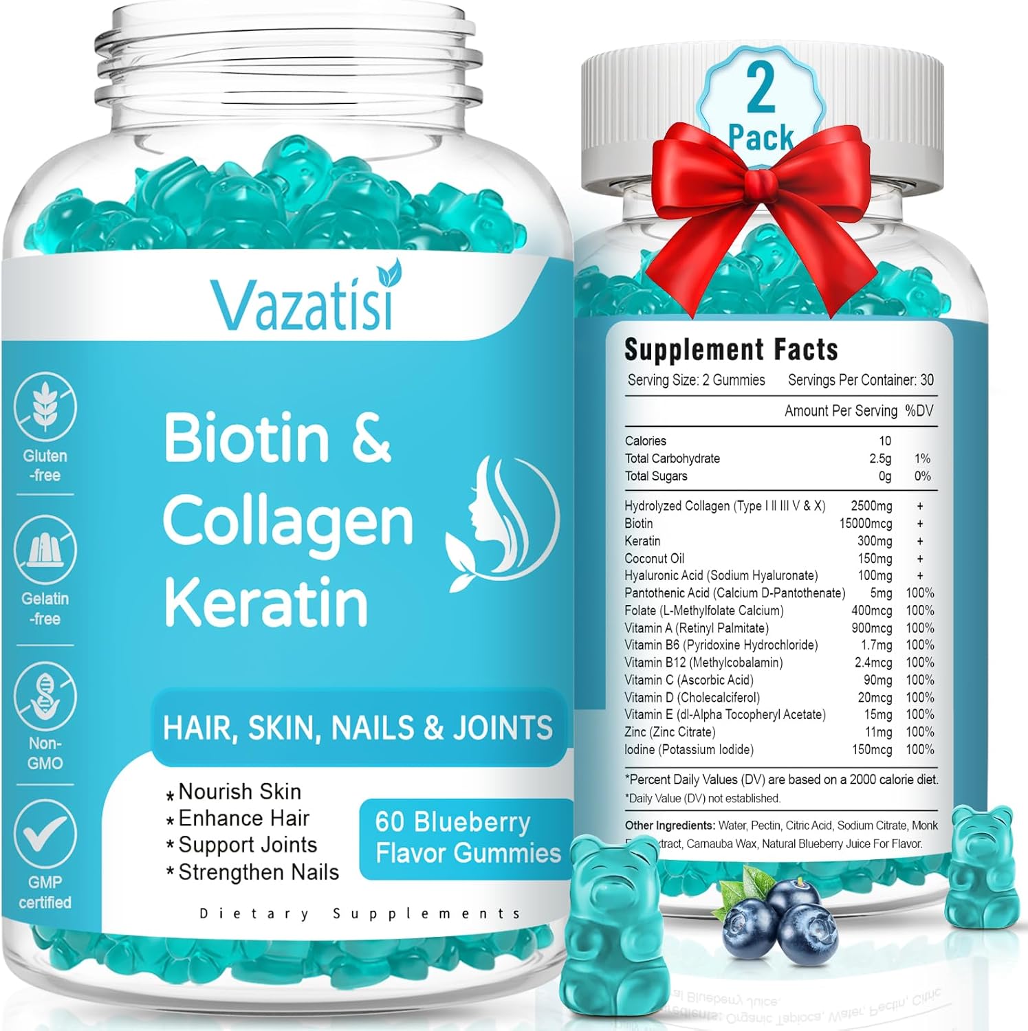 Vazatisi Biotin Gummies 2 Pack front view showing blueberry flavored hair skin and nails supplement bottles
