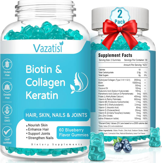 Vazatisi Biotin Gummies 2 Pack front view showing blueberry flavored hair skin and nails supplement bottles