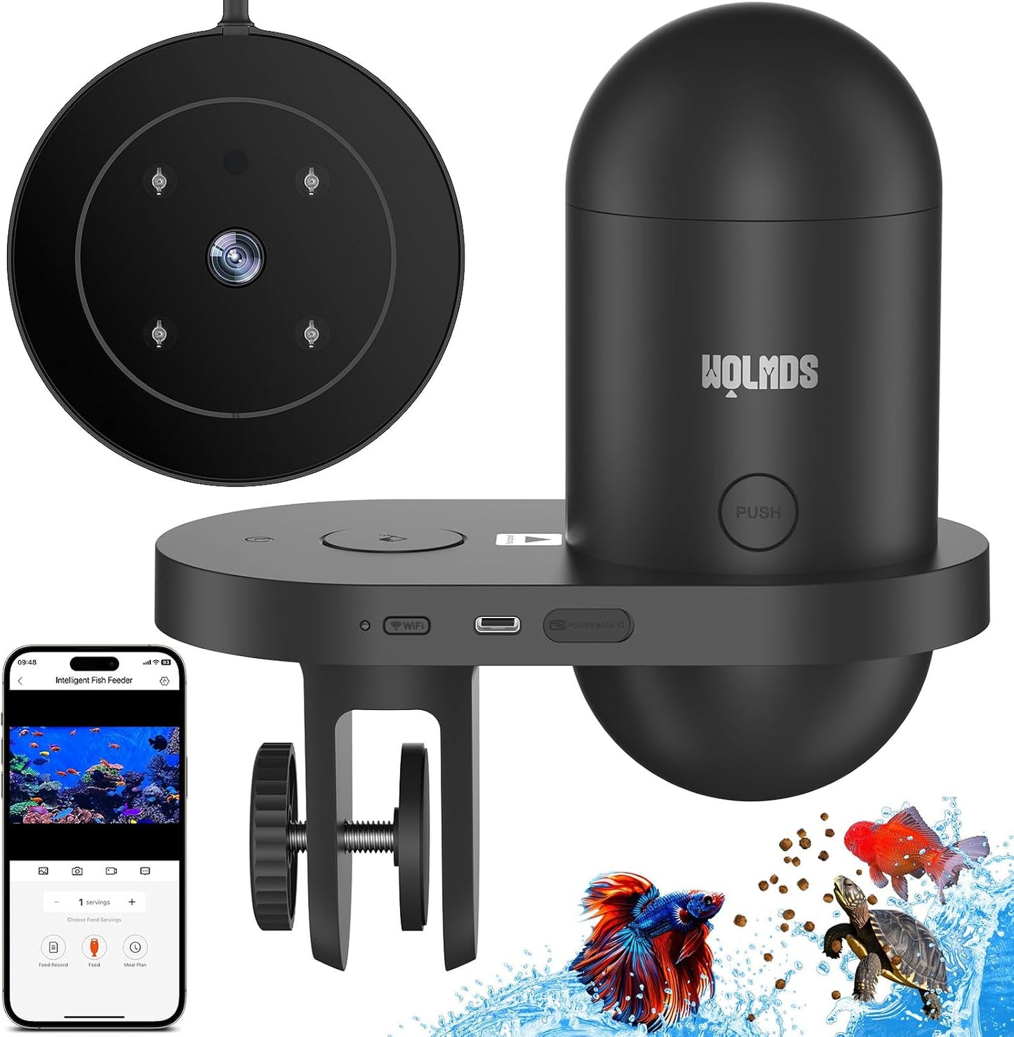 Wolmds WiFi automatic fish feeder front view showcasing the 2.5K camera lens.