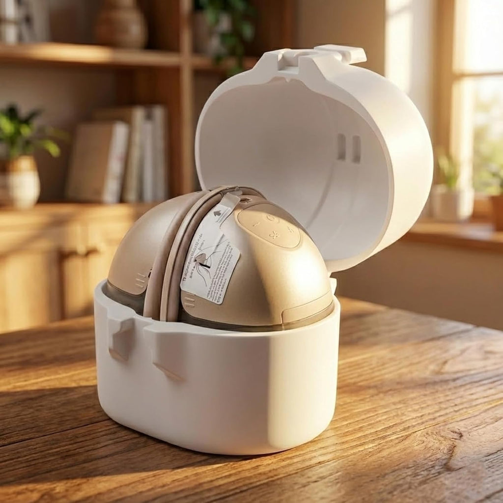 DMERHAC breast pump case front view showing premium grey exterior fabric and sturdy carry handle.