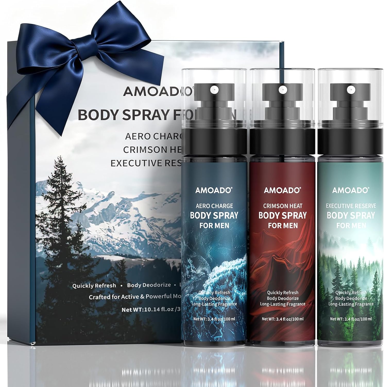 AMOADO Men's Body Spray Set front view showing three premium fragrance bottles