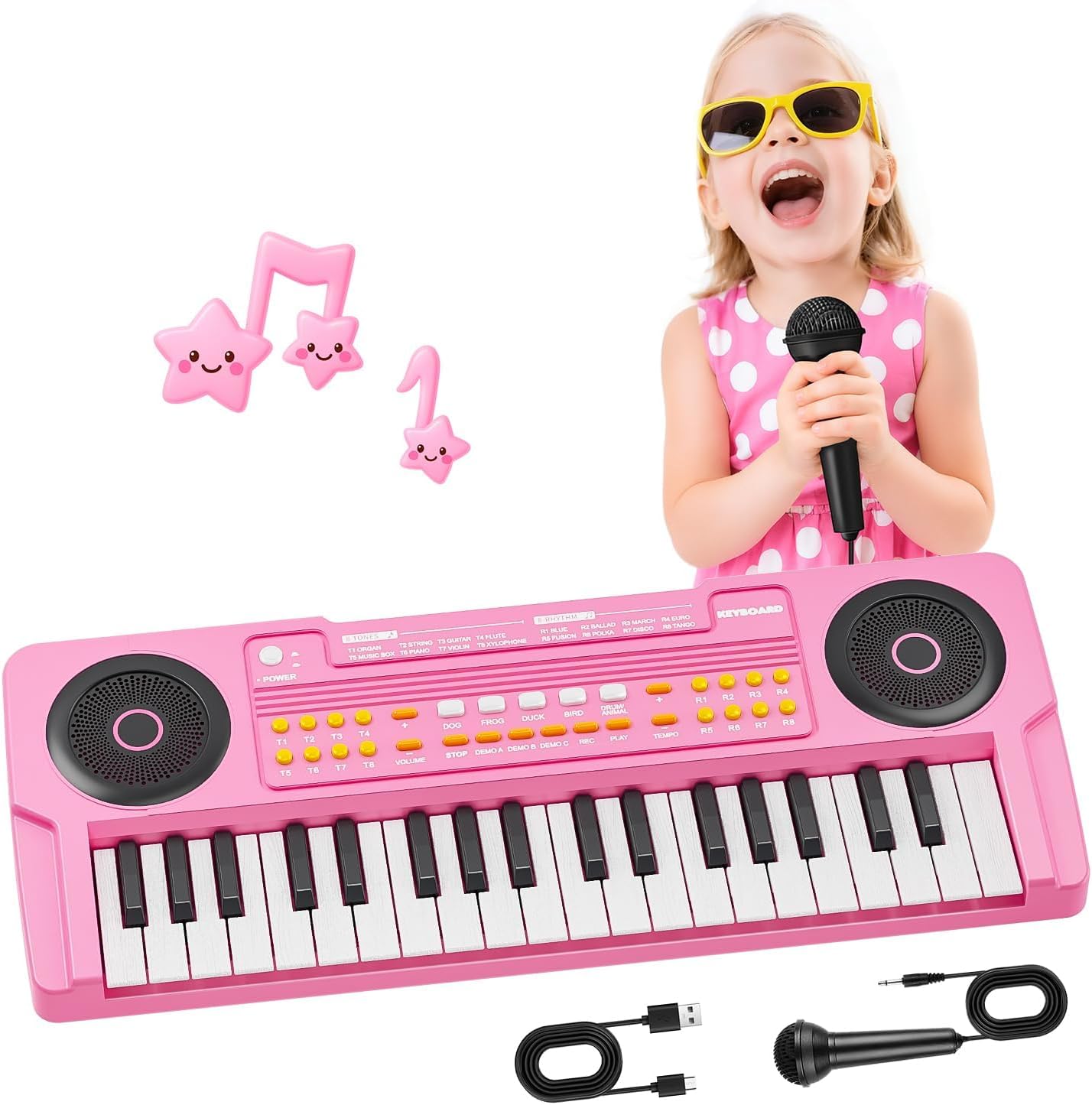 MusicForset upgraded kids piano keyboard front view pink musical toy with microphone