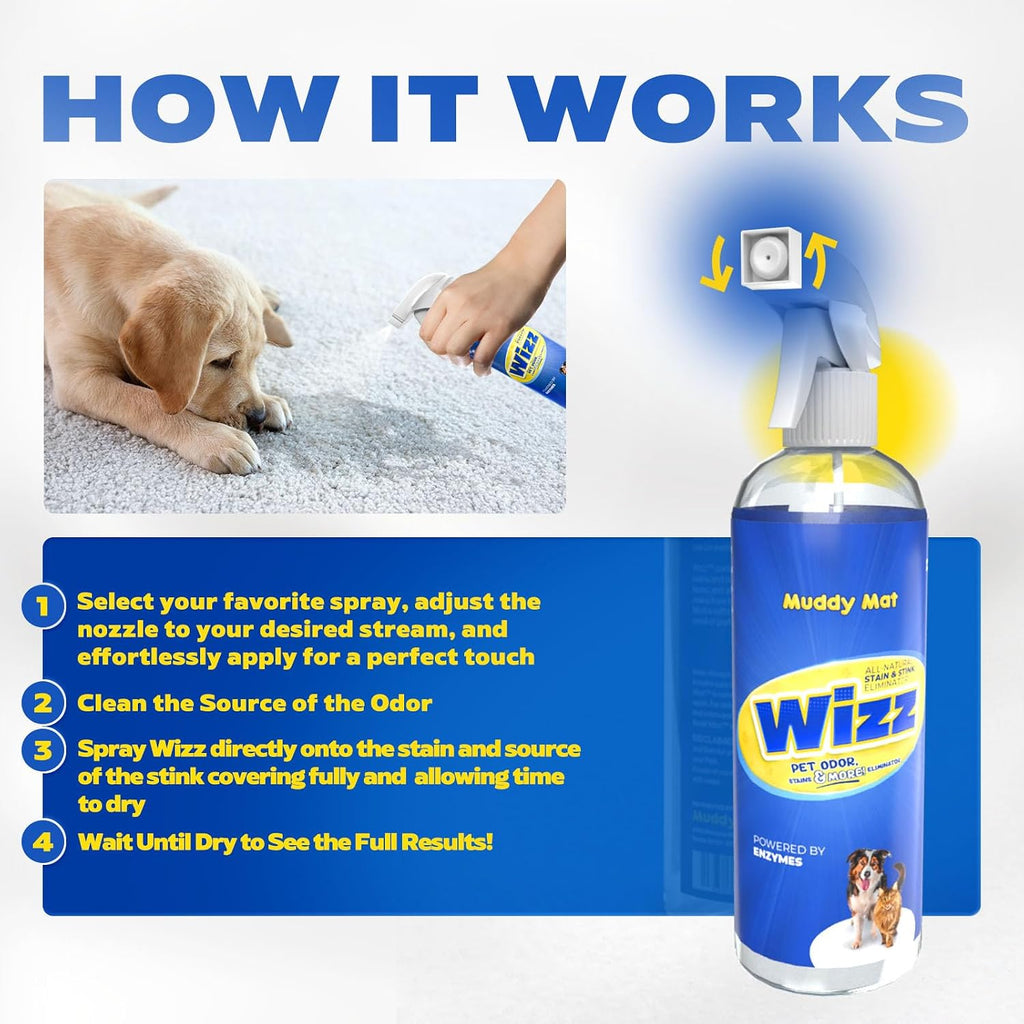 Muddy Mat Wizz stain remover bottle next to pet supplies.