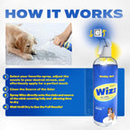 Muddy Mat Wizz stain remover bottle next to pet supplies.