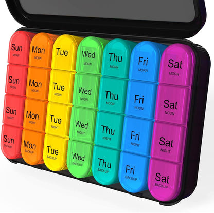 Daviky pill organizer four times a day front view showing twenty eight colored compartments