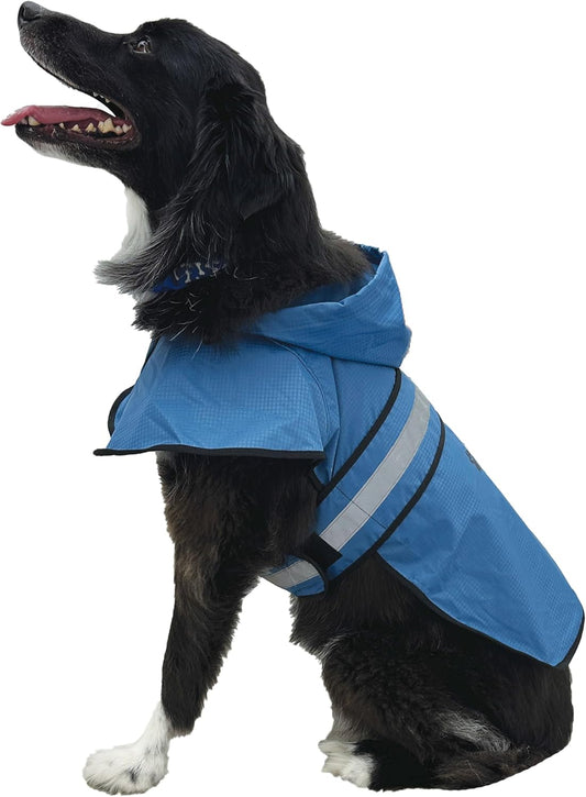 Frogg Toggs Dogg Toggs blue raincoat front view showing waterproof pet jacket fabric.