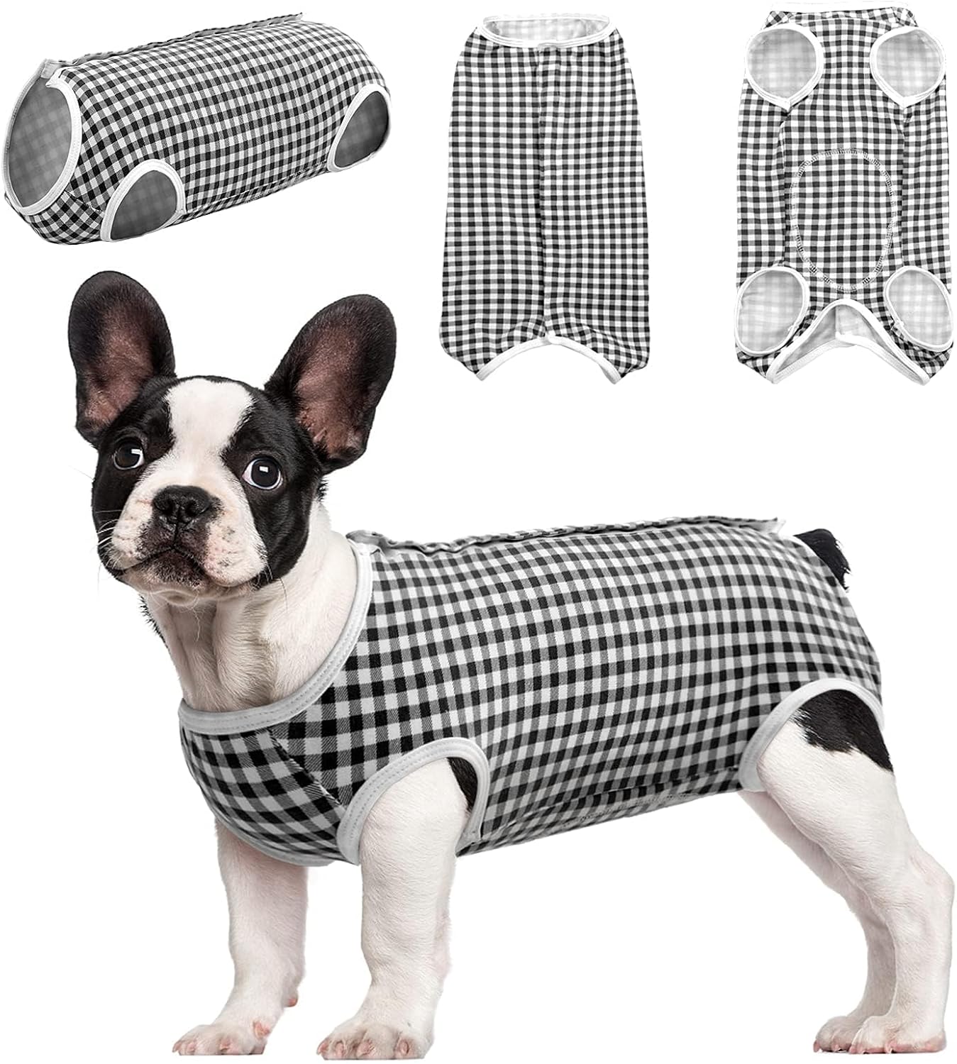 Kuoser surgical recovery onesie for pets in a detailed layout highlighting fabric elasticity.