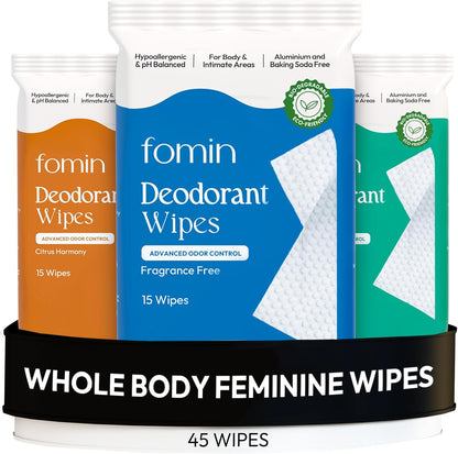 FOMIN Acidified Deodorant Wipes 45 Count Variety Pack front view for body odor control.