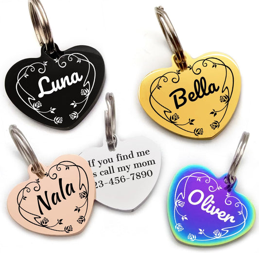 Handmade personalized dog tags stainless steel flower small front view featuring custom name engraving.