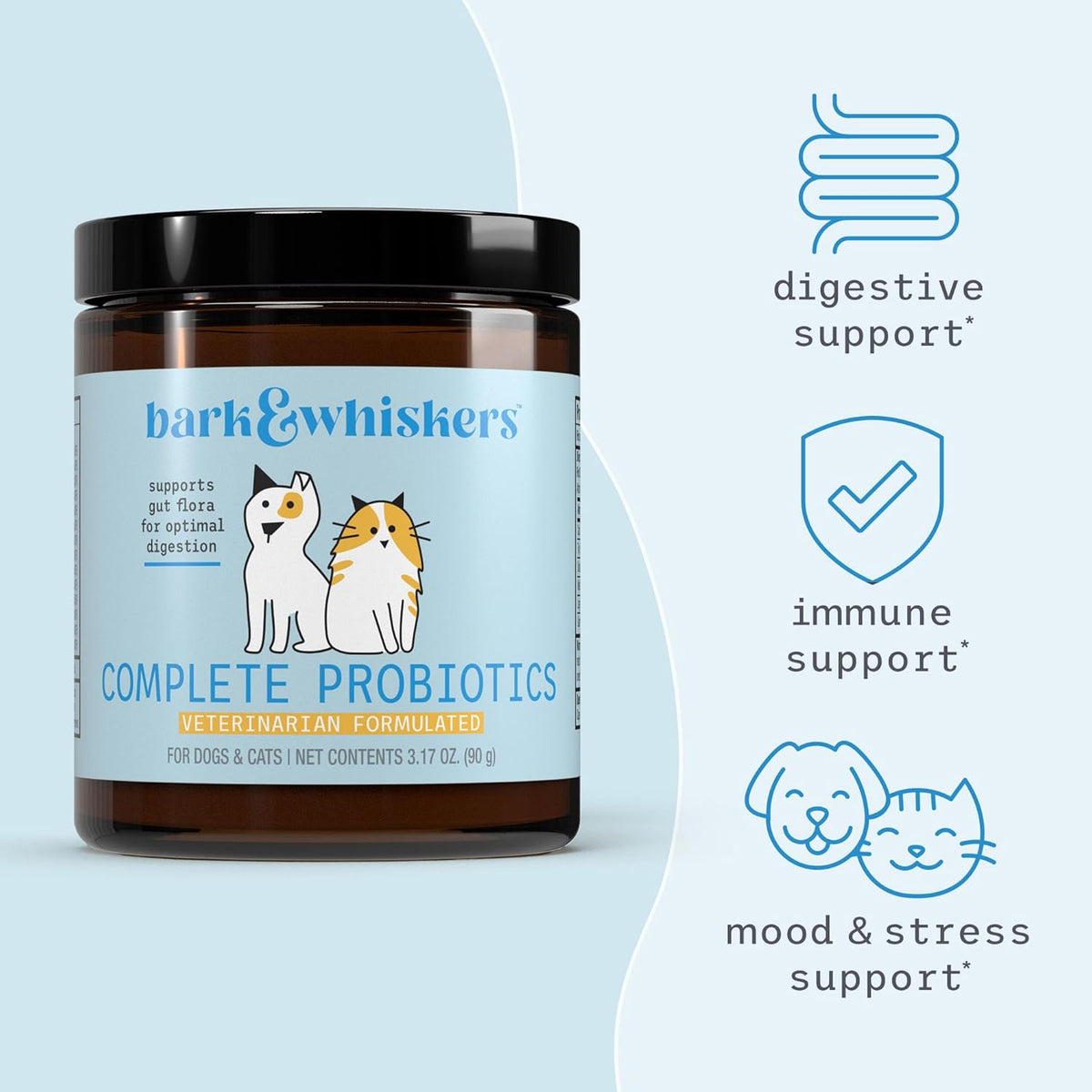 Premium cat and dog probiotic powder allergen free ingredient facts panel close up