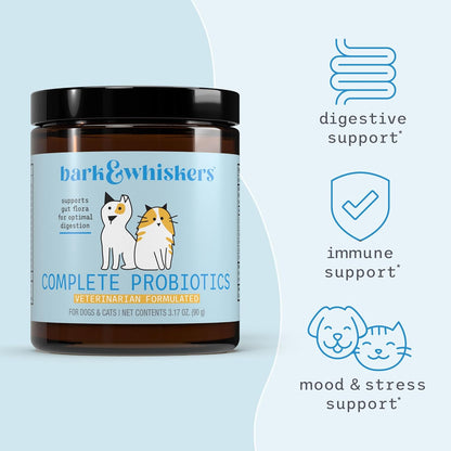 Premium cat and dog probiotic powder allergen free ingredient facts panel close up