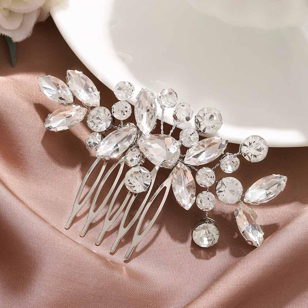 Catery crystal wedding hair comb front view silver