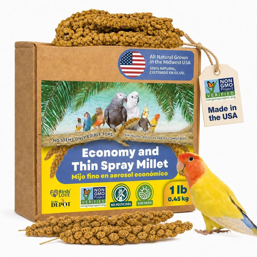 Birds LOVE spray millet package showing edible tops