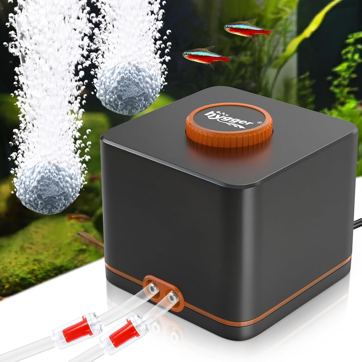 Hygger strong aquarium air pump front view showing adjustable flow knob