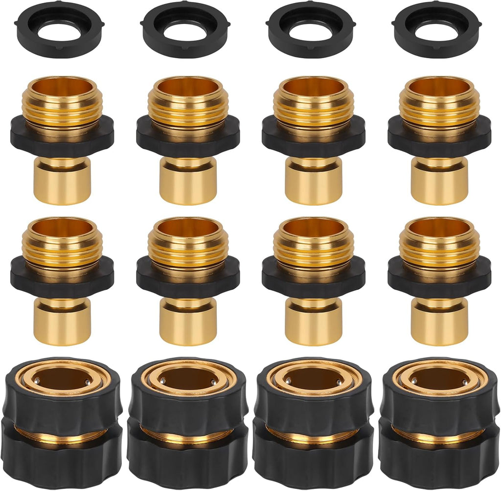 GardEasy garden hose quick connector 8 piece set front view showing male and female brass fittings.