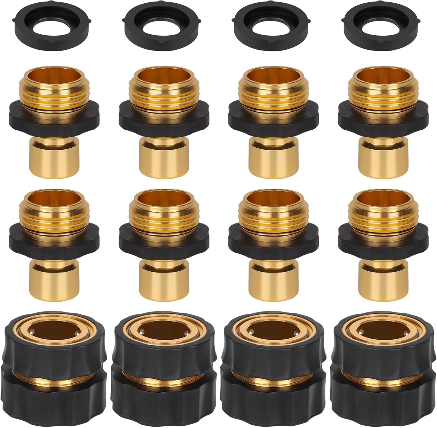 GardEasy garden hose quick connector 8 piece set front view showing male and female brass fittings.