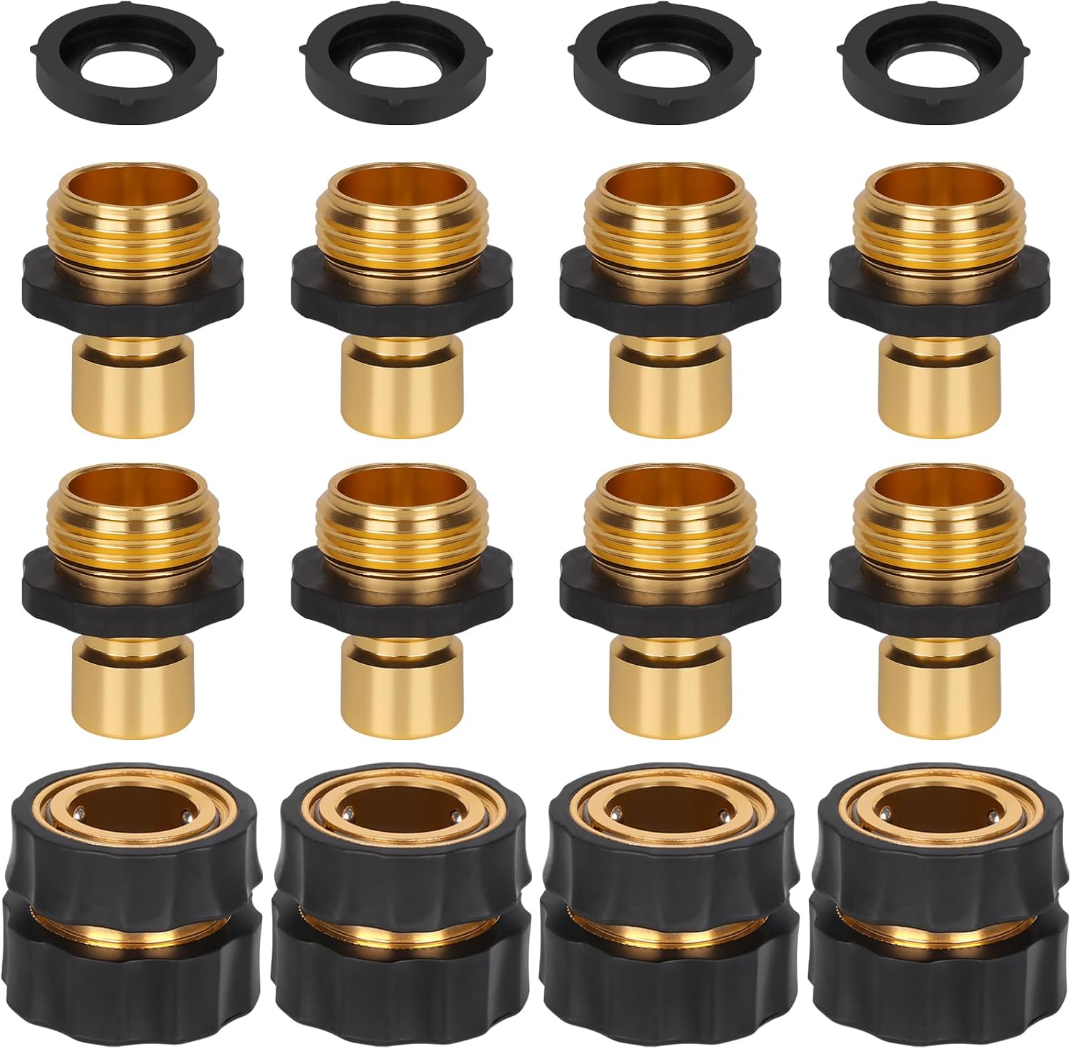 GardEasy garden hose quick connector 8 piece set front view showing male and female brass fittings.
