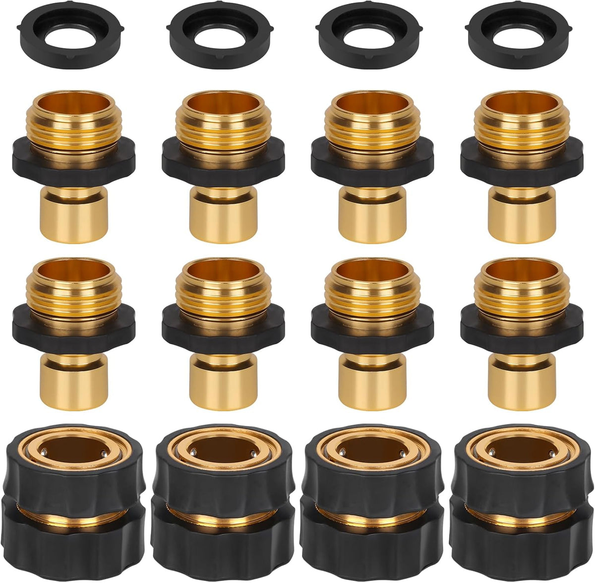 GardEasy garden hose quick connector 8 piece set front view showing male and female brass fittings.