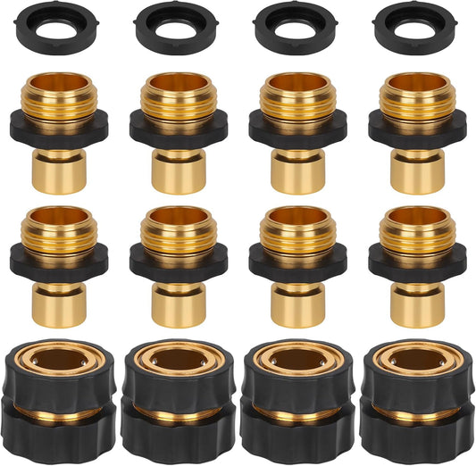 GardEasy garden hose quick connector 8 piece set front view showing male and female brass fittings.