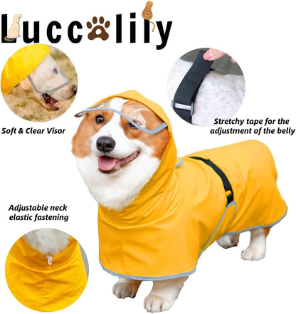 Waterproof dog rain jacket with transparent hood brim and adjustable belly strap