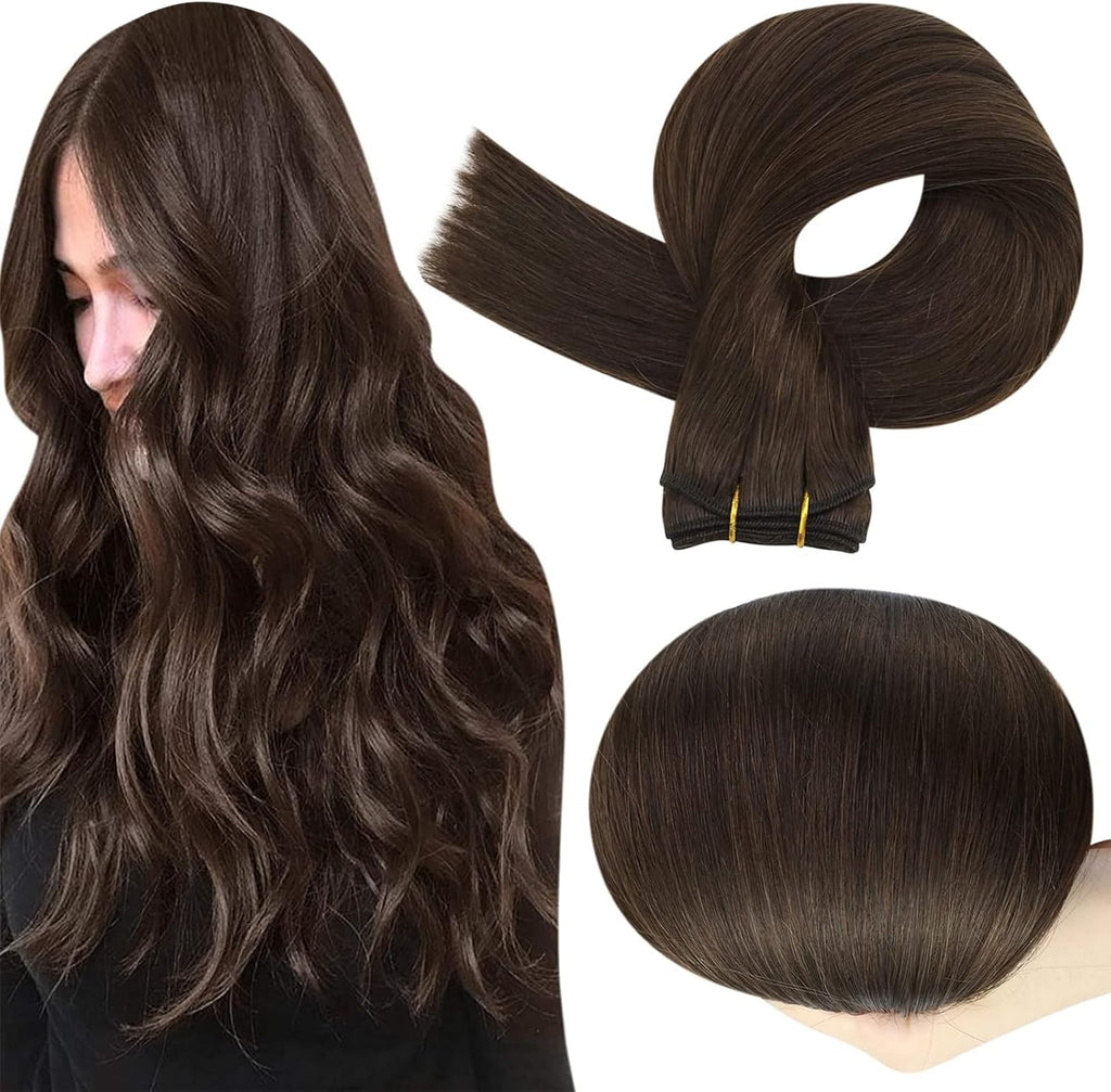 Full Shine sew in hair extensions front view of dark brown straight human hair bundles.