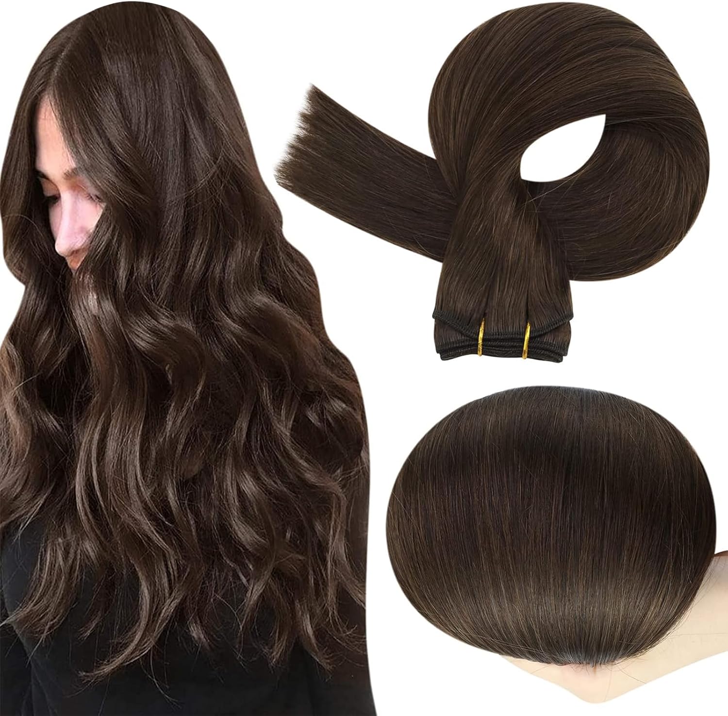 Full Shine sew in hair extensions front view of dark brown straight human hair bundles.