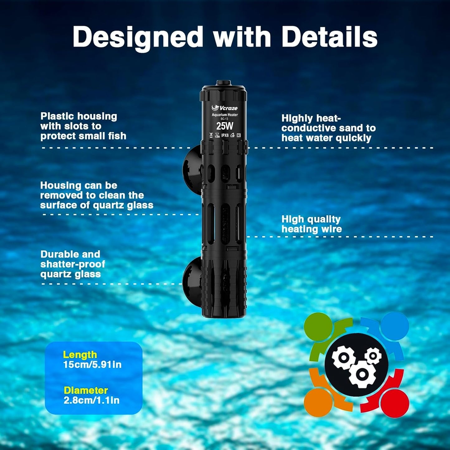 Vcraze 25W fish tank heater with suction cup accessories