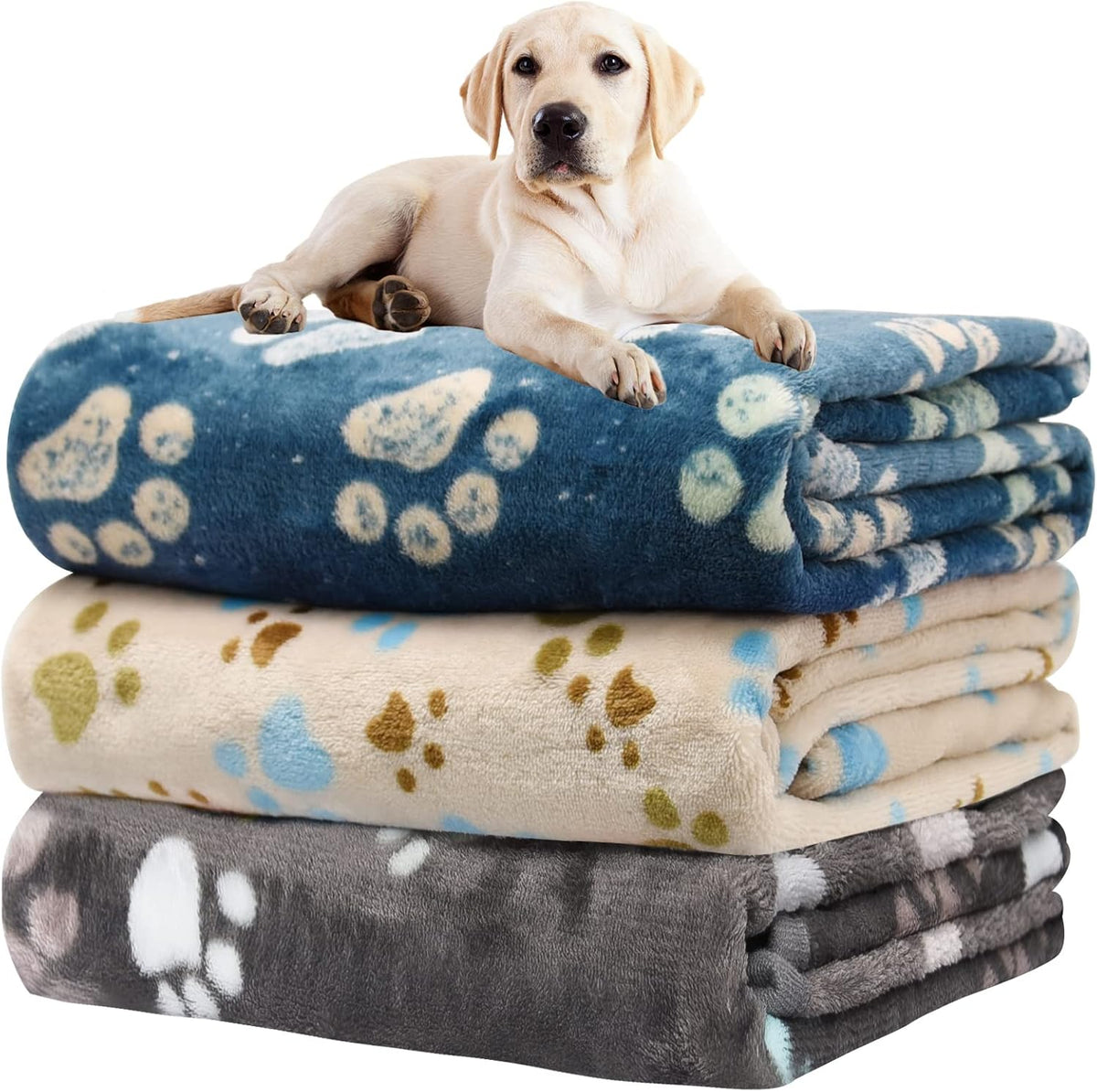 Rezutan dog blankets front view of gray blue and beige three pack fleece pet throws